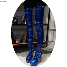 Olomm nova chegada mulher plataforma coxa botas de salto alto stiletto botas dedo do pé redondo azul sapatos de festa mulher mais eua tamanho 5-15 2024 - compre barato