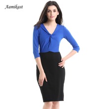 New Fashion Elegant 2019 V-neck Three Quarter Sleeve Patchwork Party Evening Business Wear To Work Women Dresses 2024 - buy cheap