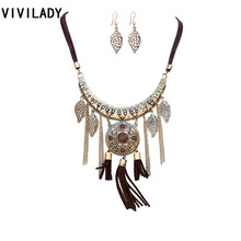 VIVILADY Hot New Tassel Leaf Charms Jewelry Sets Women Bohemian Metal Chain Rope Alloy Statement Vintage Resin Stone Boho Bijoux 2024 - buy cheap