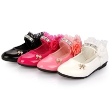 Lançamento sapatos de princesa infantil com strass, sapatos de couro com laços flores rosa rosa branco preto 2024 - compre barato