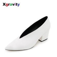 Xgravity-zapatos de vestir con punta en pico para mujer, calzado con cuñas gruesas, con diseño de V profundo, Sexy, europeo y americano, para Primavera, C262, 2021 2024 - compra barato