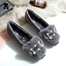 2020 outono inverno de pele de coelho sapatos mulher pérola beading apartamentos rebanho furry loafers mule ballet apartamentos plus size 42 43 c846 2024 - compre barato