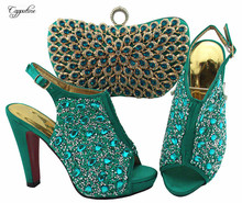 Conjunto de zapatos y bolso verde azulado para fiesta, con piedras, a juego, para vestido de noche, QSL005, tacón de 12cm de altura 2024 - compra barato