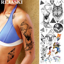 Rejaski tatuagens temporárias geométricas de lobo e montanha, tatuagens temporárias para mulheres e homens, adesivo triangular tatuagens falsas, arte preta personalizada 2024 - compre barato