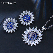 ThreeGraces Fashion Women Earrings Necklace Micro Pave Royal Blue CZ Stone White Crystal Big Sun Flower Summer Jewelry Set JS151 2024 - buy cheap