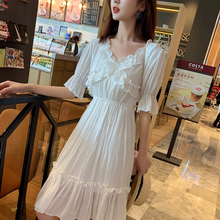 LIBERJOG 2019 Women Dress V-neck Chiffon Pleated Lantern Short Sleeve Ruffles Long Dress Female Summer Sexy Elastic Waist 2024 - buy cheap