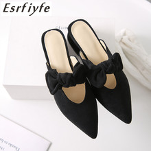 ESRFIYFE 2019 New Large Size 31-47 Women Slippers Flock Bowtie Female Mules Fashion Thick Heels Shoes Pointed Toe Ladies Slipper 2024 - buy cheap