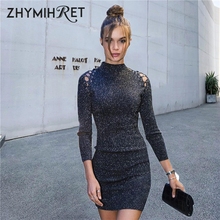 ZHYMIHRET 2018 Autumn Winter Lurex Dress Women Hollow Out Long Sleeve Skinny Mini Sexy Turtleneck Vestidos Christmas Party Dress 2024 - buy cheap