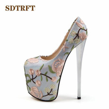 Sdtrft primavera prata bico redondo 20cm fino salto alto sexy clube sapatos de casamento feminino bordado estiletes plus: 34-45 46 47 2024 - compre barato