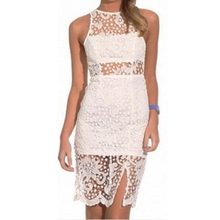 2019 Women Girls New Fashion Casual Solid Sleeveless Dress Summer White Backless Lace Floral Short Midi Pencil Dress Hot 2024 - buy cheap