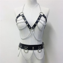 Conjunto de dos piezas de cinturones de cuero de liga de imitación gótica para mujer, conjunto de dos piezas con cadena de eslabones para el pecho, sujetador de Bondage, Liga Punk de Metal, trajes de cinturón de cintura 2024 - compra barato