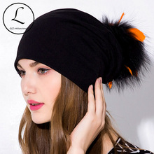 GZHilovingL 2018 New Winter Women's Hat Casual Solid Real Feather Fur PomPom Hat Female Cap Warm Cotton Women Beanies Winter Hat 2024 - buy cheap