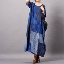 Женское платье в синюю полоску в винтажном стиле с длинным рукавом халаты Весенняя Новинка пэчворк хлопок и лен свободные женские платья 2024 - купить недорого