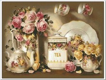 Pacote bordado frete grátis luxo clássico alta qualidade bule rosa flor pintura a óleo ponto cruz 2024 - compre barato