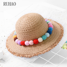 RUHAO-sombreros de Sol de estilo informal para niños, gorra de ala ancha y flexible para playa, viseras de paja con flores 2024 - compra barato