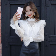 2018 Spring Women Summer Blouse Sweet Dot Backless Lace Shirt Female Long Sleeve Lace Up Mesh Blouses Short Tops Oversized AB815 2024 - buy cheap