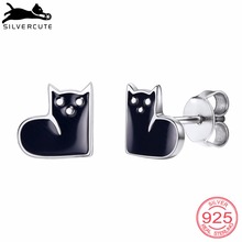 SILVERCUTE Black Enamel Cat Stud Earrings For Women Girls Fine Jewelry 925 Sterling Silver Tiny Cute Animal Pet Earring SCE6437B 2024 - buy cheap