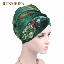New design Muslim Skullies & Beanies velvet scarf cap for ladies luxury brand head scarf peacock embroidery African wrap hat 2024 - buy cheap