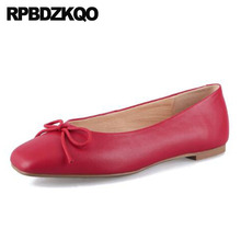 Bailarinas de piel auténtica con lazo para mujer, zapatos planos con puntera cuadrada y pajarita, de alta calidad, color rojo y Nude 2024 - compra barato