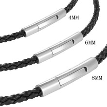 MOGE 3/4/5/6/8mm Mens Womens Black Braided Genuine Leather Cord Stainless Steel Secure Clasp Chain Necklace DIY Jewelry 2024 - buy cheap