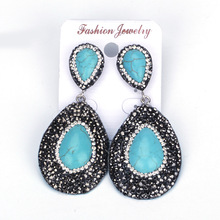 Vintage Blue Water Drop Semi Precious Stone Turquoises Pendant Charm Pave Rhinestone Beads Big Dangle Earrings For Women Brincos 2024 - buy cheap
