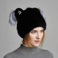 Winter New Style High Quality Natural Mink Fur Cap For Women Vertical Weaving Mink Hat Lovely Cat Ears With Fox Fur Style Hats 2024 - buy cheap