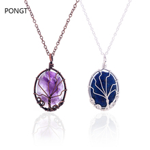 Natural stone Wire copper Silver color Wrap tree of life pendant Oval healing crystal necklace opal lapis lazuli stone jewelry 2024 - buy cheap