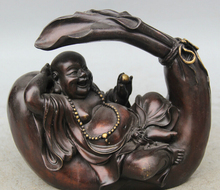 USPS to USA S1942 8" China Buddhism Bronze sleep moneybag Happy Laugh Maitreya Buddha bead Statue 2024 - buy cheap