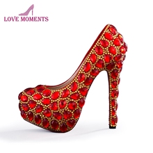 Sapatos de salto muito alto festa de casamento, sapatos vermelho com cristal dourado e salto fino formal, tamanhos grandes 12 2024 - compre barato