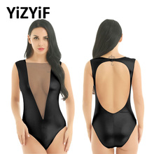 Traje de baño de una pieza para mujer, lencería Sexy metalizada brillante, sin mangas, malla frontal, Espalda descubierta, de corte alto leotardo, ropa de discoteca 2024 - compra barato