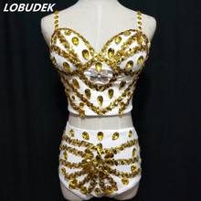 Gold stones 3 Piece Sets White Trailing Dance Costume Women Singer Bar DJ Stage Outfit Prom Birthday Party Catwalk Clothing 2024 - buy cheap