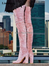 Botas aterciopeladas de punta redonda para mujer, zapatos de tacón grueso, por encima de la rodilla, de tacón grueso, color rosa, azul y negro 2024 - compra barato