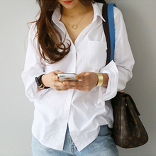 Blusas soltas femininas estilo ol, casuais, brancas, colarinho baixo, um bolso, camisa feminina, blusa de manga comprida 2021 50 2024 - compre barato