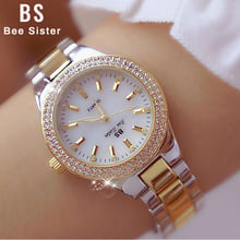 Relógio de pulso feminino aço inoxidável, relógio de marca famosa de cristal dourado de quartzo para mulheres, 2019 2024 - compre barato