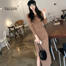 Solid Plus Size Straight Dress 2019 Women Spring Khaki Long Sleeve O-neck Ankle-length Casual Knitted Dress Work Midi Dresses 2024 - buy cheap