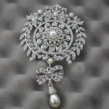 4.5 Inch Extra Large Size Big Brand Luxury Flower and Bow Design Drop Pearl and Crystal Brooch Wedding Silver Tone 2024 - buy cheap