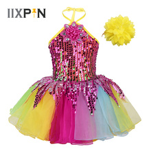 Kid Girls Dress Dance wear Halter Neck Sequins 3D Flower Applique Tutu Dress with Wristband Ballet Dance Dress Stage Performance 2024 - buy cheap
