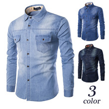 Camisa jeans masculina, camisa jeans da moda, manga longa, plus size, algodão, cardigã casual, slim fit, camisetas, dois bolsos, roupas da moda 2024 - compre barato