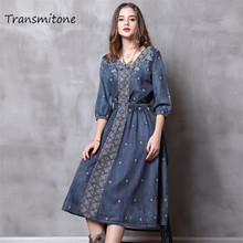 Denim Mulheres de Vestido 2019 Primavera Do Vintage Vestido de Mulher Com Decote Em V A Linha de Meia Manga Bordado das Mulheres Vestidos Vestidos Femininos 2024 - compre barato