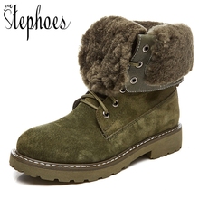 Stephoes botas de couro legítimo femininas, botas curtas e quentes de inverno com pelo de alta qualidade, botas verdes de neve para mulheres 2024 - compre barato