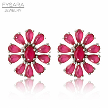 FYSARA Trendy Silver Color Red Stones Crystals Flower Stud Earrings Brazil Design AAA Zircon Earrings For Women Brazil Jewery 2024 - buy cheap