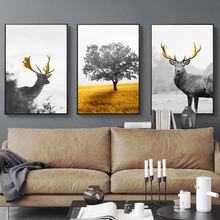 Sika veados de ouro pastagem árvore paisagem da parede arte da lona pintura nordic cartazes e impressões fotos parede para sala estar decoração 2024 - compre barato