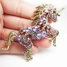 Gold-Tone Vintage Unicorn Horse Pendant Brooch Pin Purple Rhinestone Crystal 2024 - buy cheap
