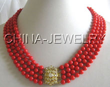 Frete grátis>>>>4 fileiras aaa + 7mm colar de coral vermelho redondo perfeito-zirc 2024 - compre barato