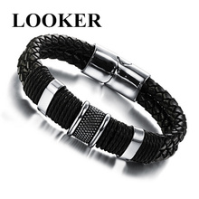 LOOKER 2021 Fashion Black Braid Woven Leather Bracelet Titanium Stainless Steel Bracelet Men Bangle Men Jewelry Vintage Gift 2024 - buy cheap