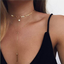 Punk Style Gold Silver Sequins Double Layer Choker Necklace Star Circle Pendant Long Tassel Necklace For Women Statement Jewelry 2024 - buy cheap