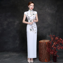 Cetim branco cheongsam qipao da senhora do vintage retro gola longa vestido tradicional chinês festa vestidos compere 90 2024 - compre barato