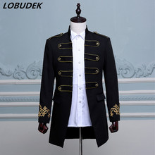 Black white blue Embroidery Male long jacket Coats groom wedding clothes prom singer dancer performance Bar Club stage costumes 2024 - buy cheap
