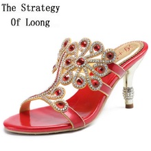 Women Full Genuine Leather Thin High Heels Rhinestones Sexy Slippers Plus Size Open The Toe Real Leather Summer Shoes  20180714 2024 - buy cheap