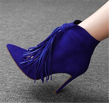 Bota bico fino camurça de alça com borlas, calçado feminino ankle boot de salto fino com corte preto azul e amarrado 2024 - compre barato